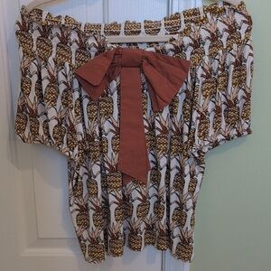 Anthropologie Pineapple Print Blouse with Red Bow